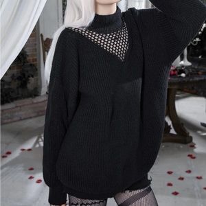 Black Knit Turtleneck Mesh V Neck Sweater
